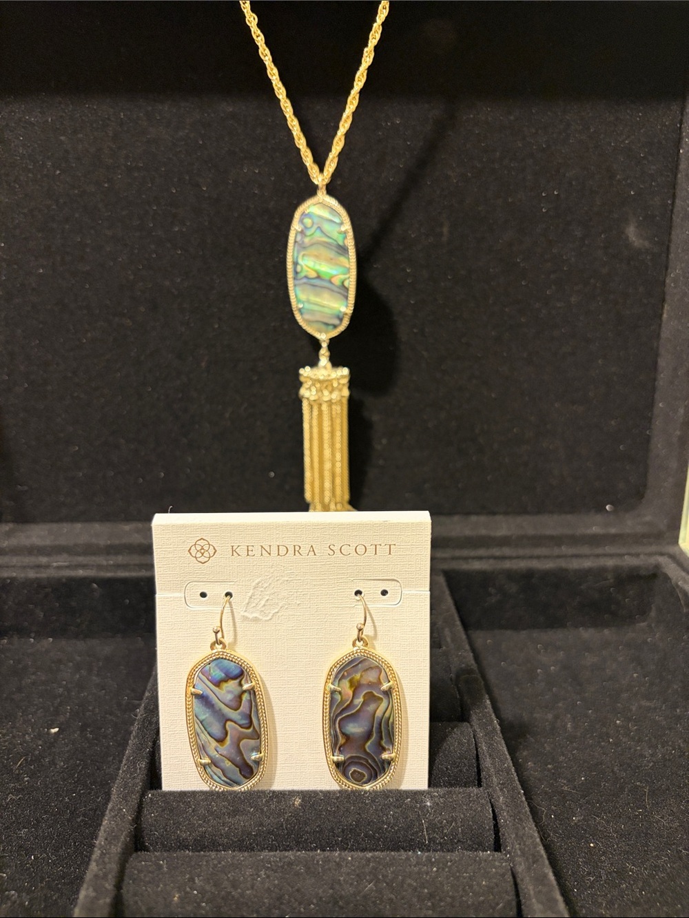 Kendra Scott Elle Earrings and Matching Rayne Necklace in Abalone/Gold